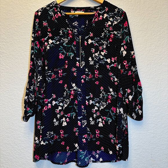 Maurices Plus Size 1 Blue Polka Dot Floral 3/4 Tab Sleeve Blouse Quarter Zip‎ - Picture 1 of 9